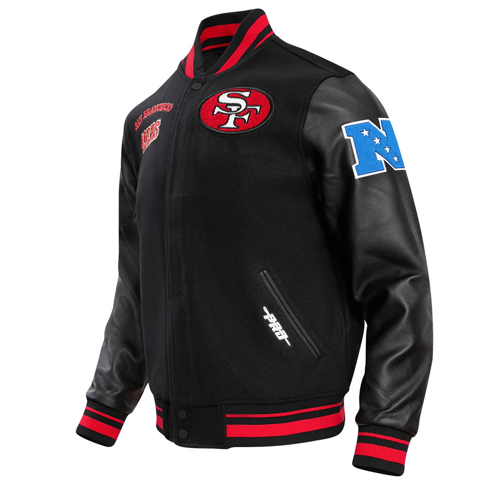 NFL SAN FRANCISCO 49ERS RETRO CLASSIC MEN'S RIB WOOL VARSITY JACKET (BLACK/RED/BLACK) - Image 6