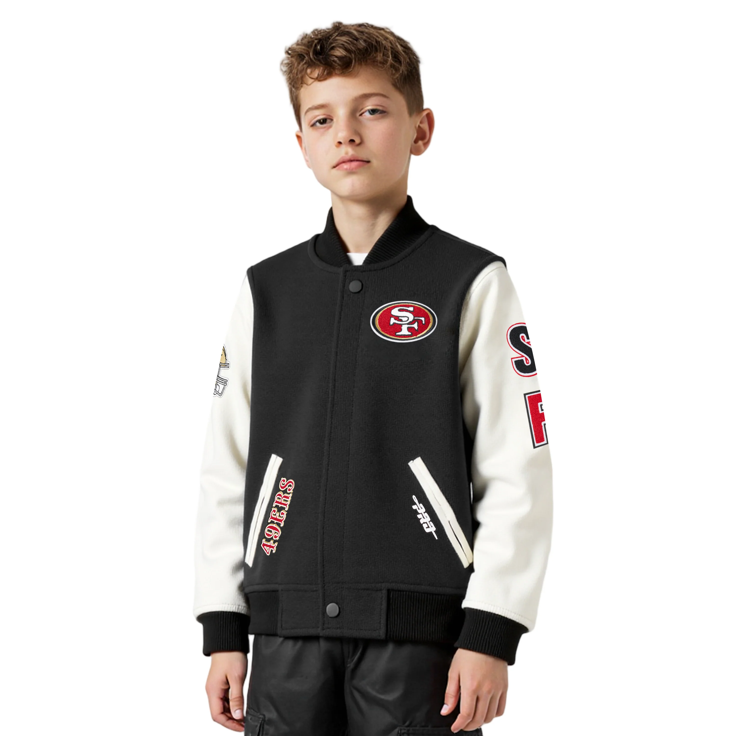 NFL SAN FRANCISCO 49ERS CLASSIC BIG BOYS WOOL VARSITY JACKET (BLACK/WHITE)