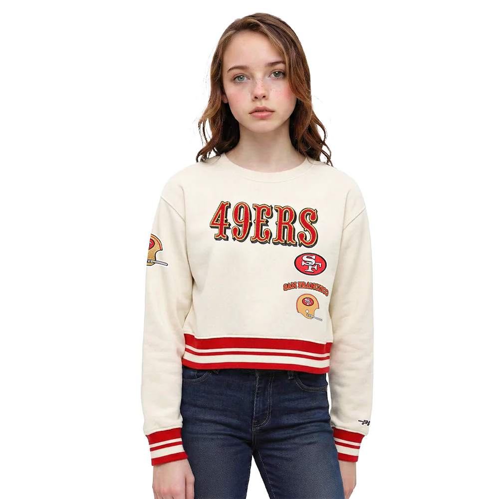 NFL SAN FRANCISCO 49ERS RETRO CLASSICS BIG GIRL'S RIB FLEECE CREWNECK (EGGSHELL/ RED)