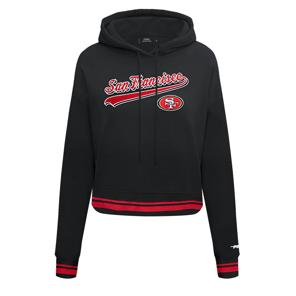 NFL SAN FRANCISCO 49ERS SCRIPT TAIL WOMEN'S RIB FLEECE CROPPED PULLOVER HOODIE (BLACK/RED/BLACK) - Image 3