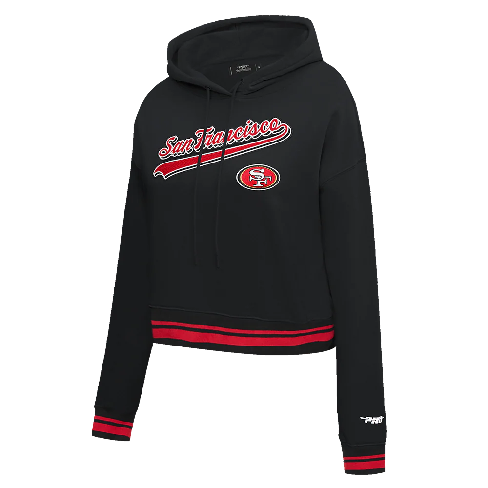 NFL SAN FRANCISCO 49ERS SCRIPT TAIL WOMEN'S RIB FLEECE CROPPED PULLOVER HOODIE (BLACK/RED/BLACK) - Image 4