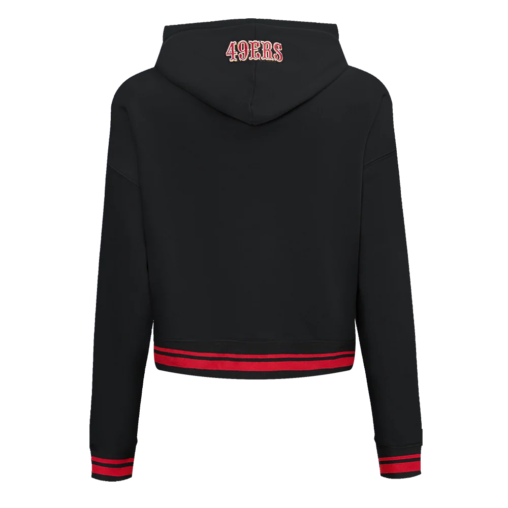 NFL SAN FRANCISCO 49ERS SCRIPT TAIL WOMEN'S RIB FLEECE CROPPED PULLOVER HOODIE (BLACK/RED/BLACK) - Image 5