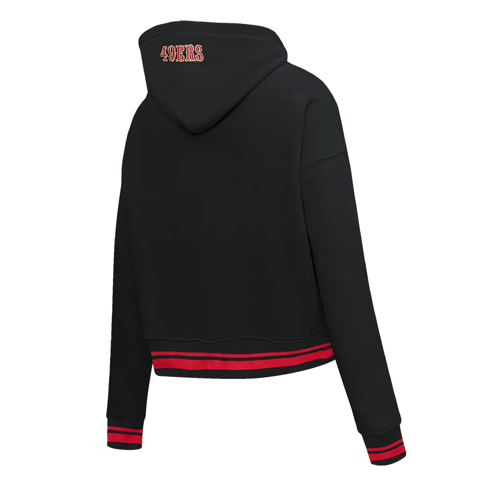 NFL SAN FRANCISCO 49ERS SCRIPT TAIL WOMEN'S RIB FLEECE CROPPED PULLOVER HOODIE (BLACK/RED/BLACK) - Image 6