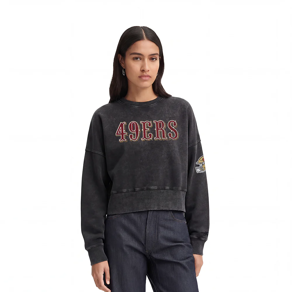 NFL SAN FRANCISCO 49ERS WASHED JEWELS WOMEN'S CREWNECK SWEATSHIRT (WASHED BLACK)