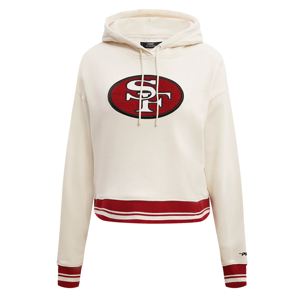NFL SAN FRANCISCO 49ERS RETRO CLASSIC WOMEN'S CROPPED PULLOVER HOODIE (EGGSHELL/ RED)