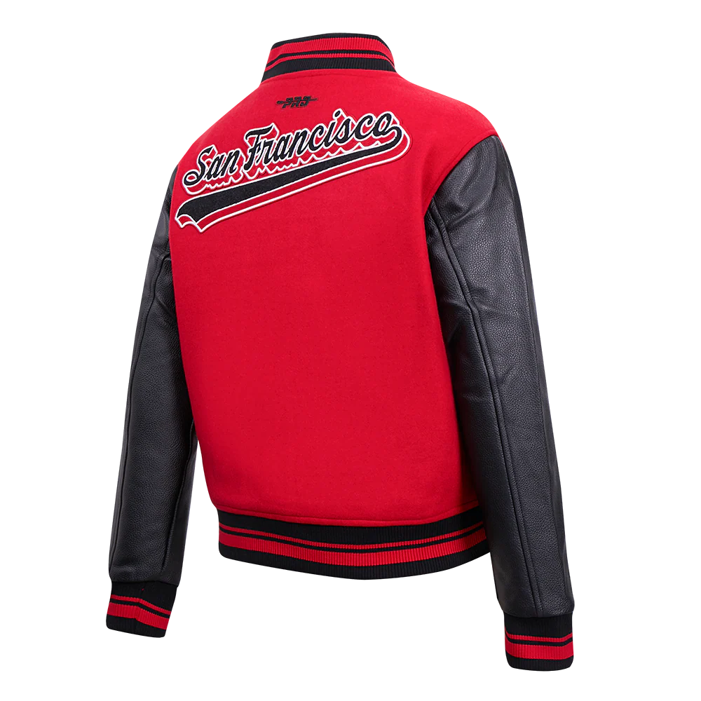 NFL SAN FRANCISCO 49ERS SCRIPT TAIL WOMEN'S WOOL VARSITY JACKET (RED/BLACK) - Image 4