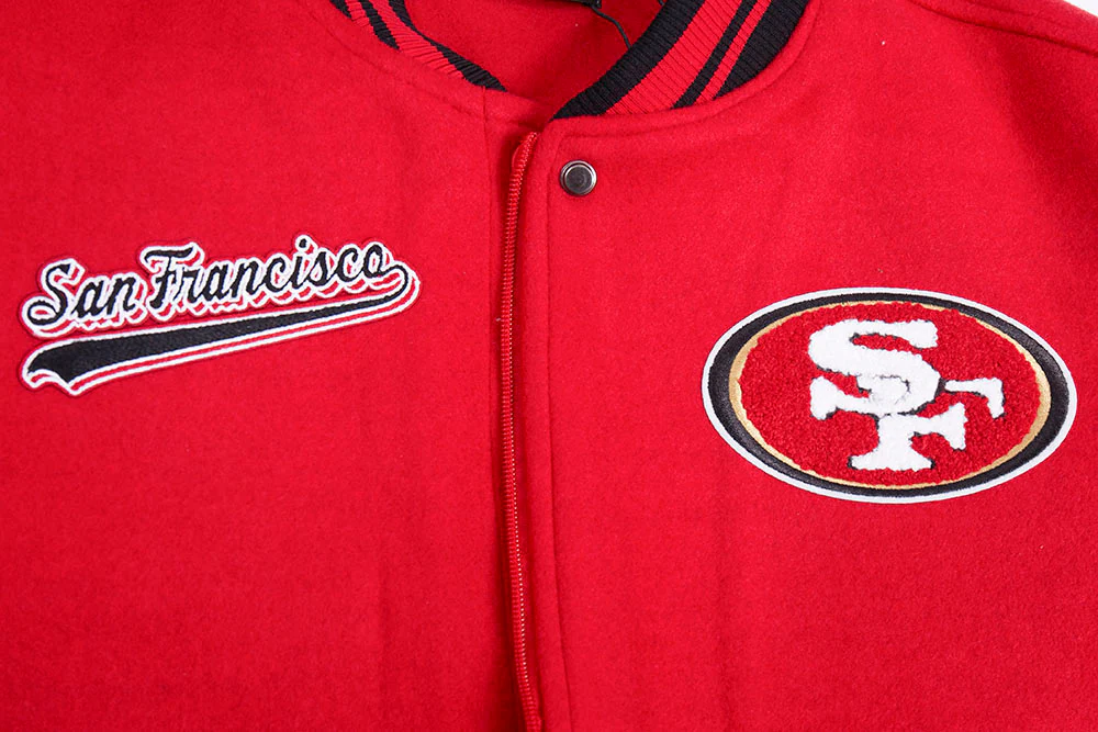 NFL SAN FRANCISCO 49ERS SCRIPT TAIL WOMEN'S WOOL VARSITY JACKET (RED/BLACK) - Image 5