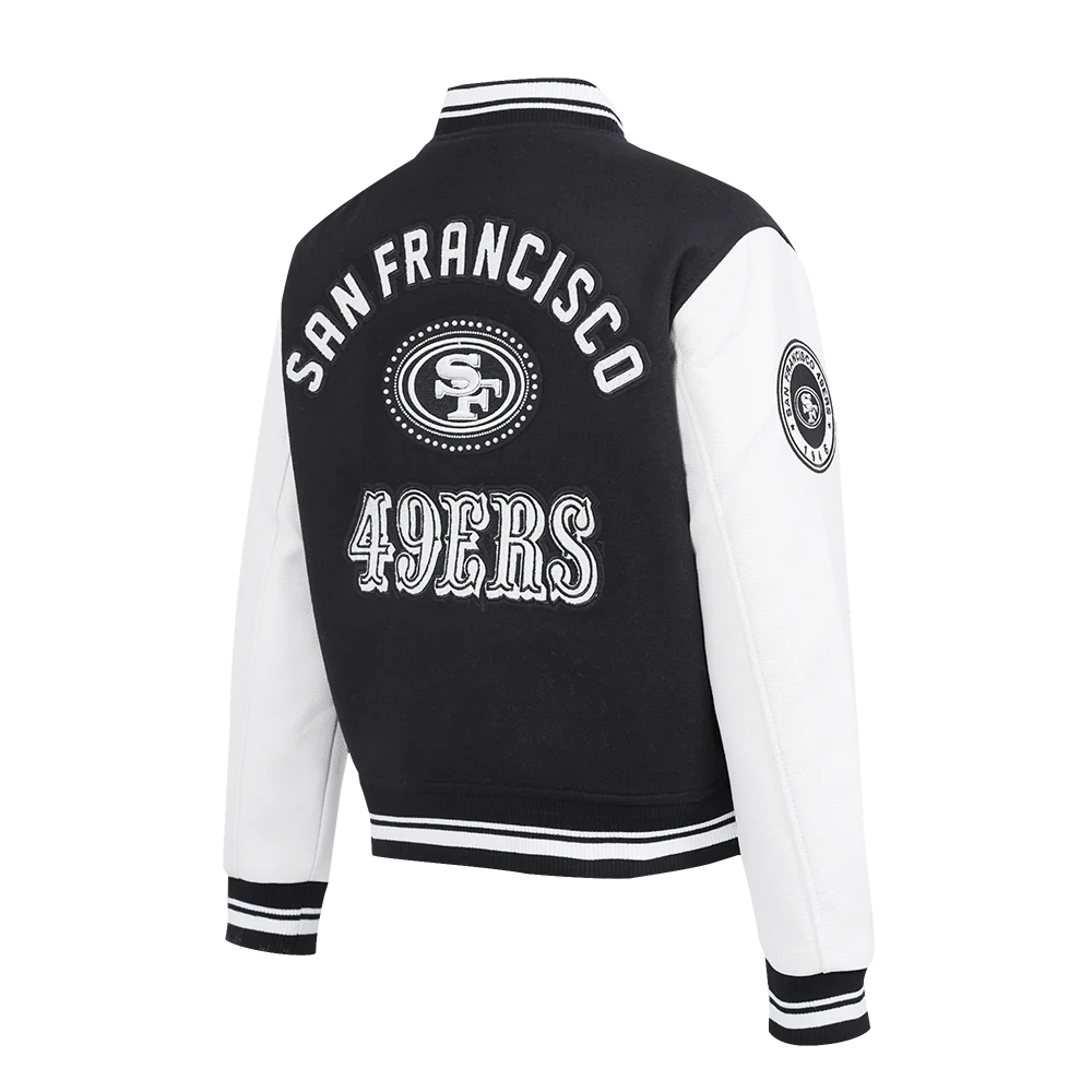 NFL SAN FRANCISCO 49ERS PEARLS WOMEN'S RIB WOOL VARSITY JACKET (BLACK/WHITE) - Image 4