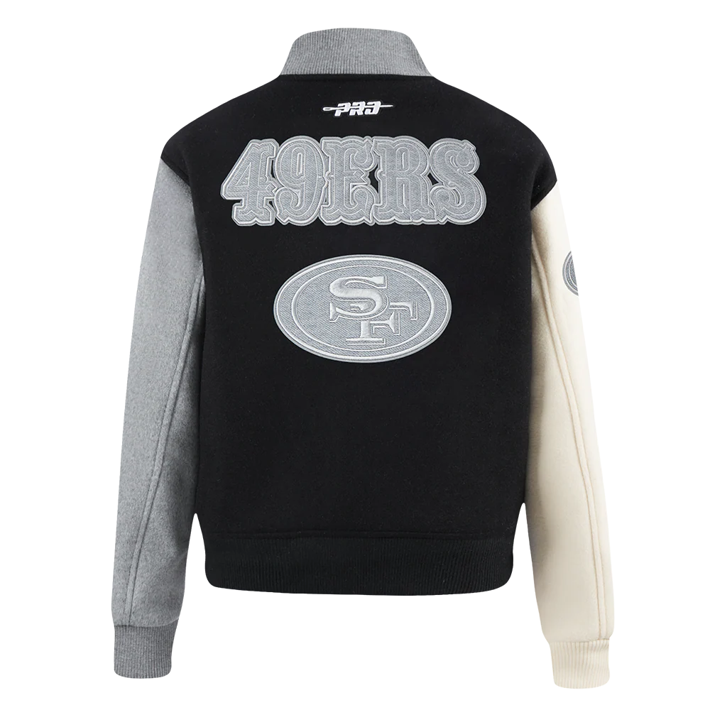NFL SAN FRANCISCO 49ERS REVERSE FRENCH TERRY WOMEN'S WOOL VARSITY JACK (BLACK/GRAY/EGGSHELL) - Image 3