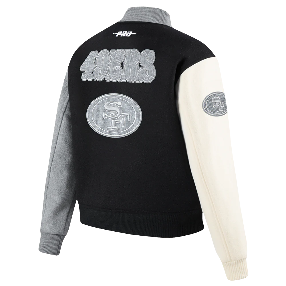 NFL SAN FRANCISCO 49ERS REVERSE FRENCH TERRY WOMEN'S WOOL VARSITY JACK (BLACK/GRAY/EGGSHELL) - Image 4