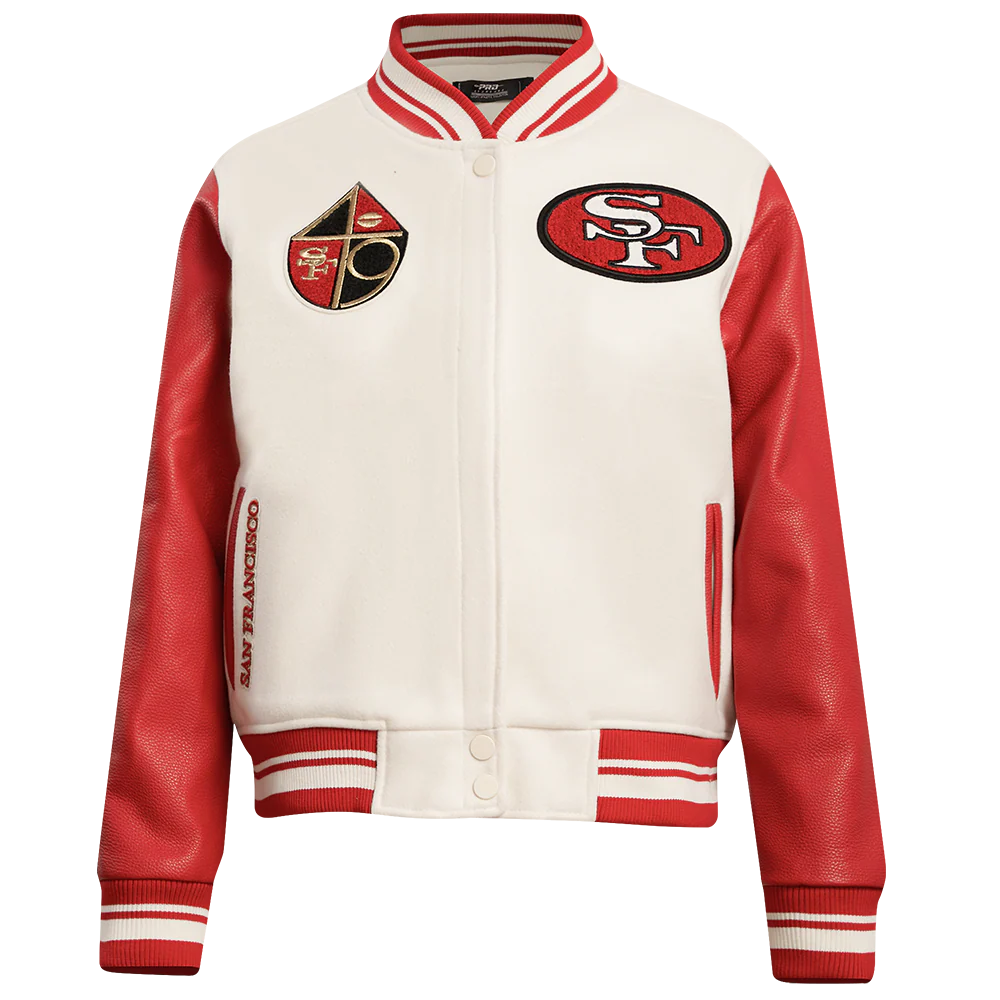 NFL SAN FRANCISCO 49ERS RETRO CLASSIC WOMEN'S RIB WOOL VARSITY JACKET (EGGSHELL/ RED)