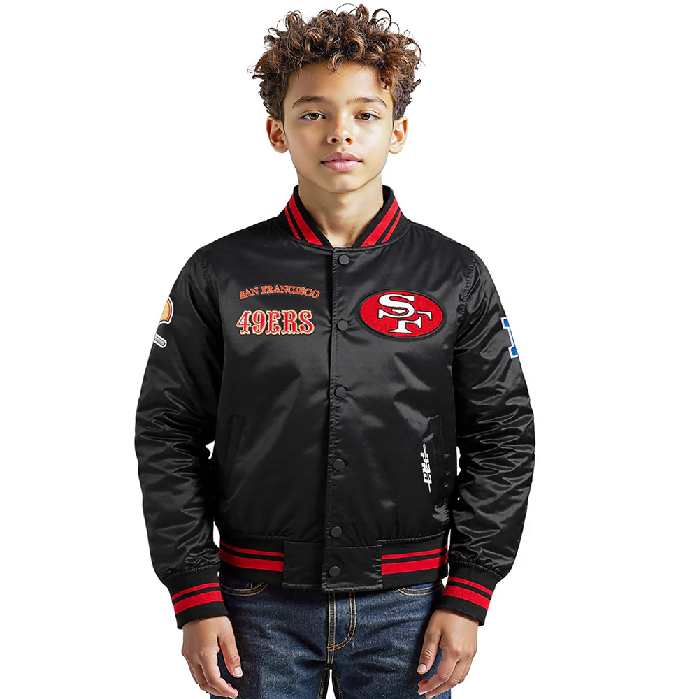 NFL SAN FRANCISCO 49ERS RETRO CLASSIC LITTLE BOYS RIB SATIN JACKET (BLACK/RED/BLACK)