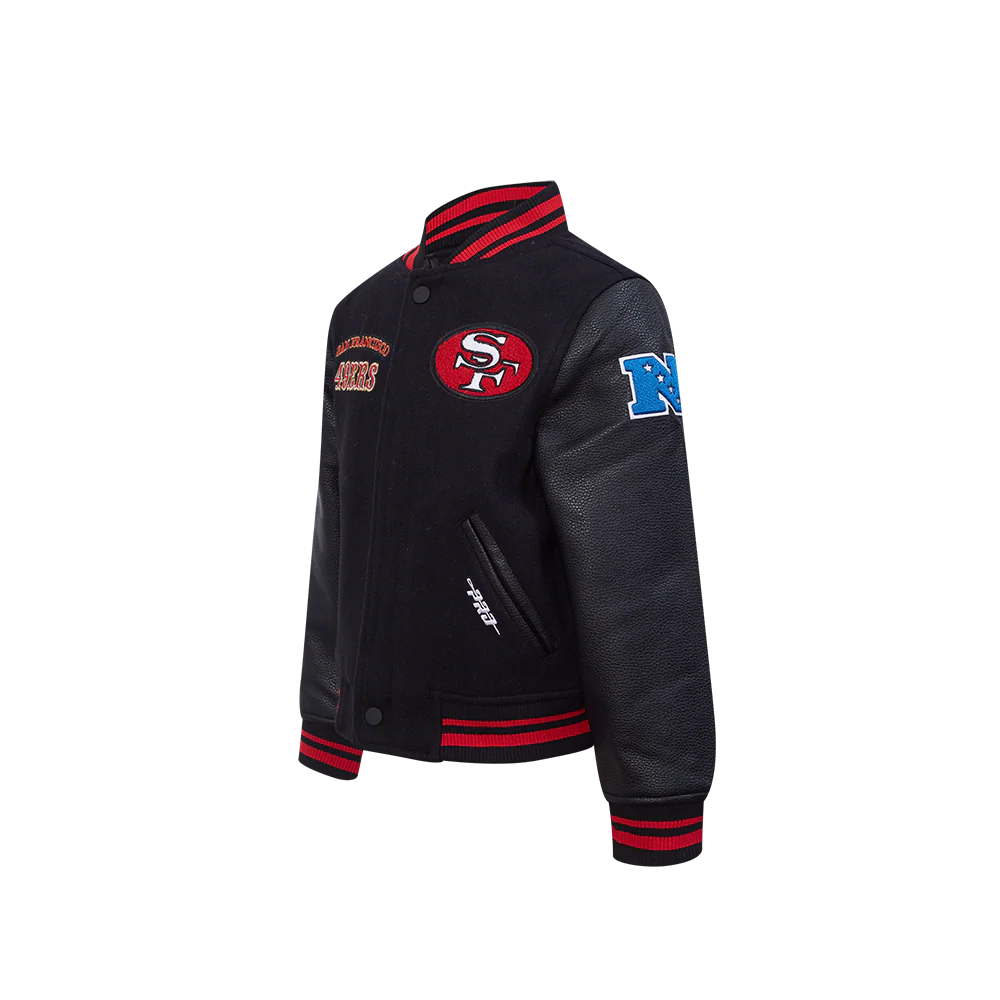 NFL SAN FRANCISCO 49ERS RETRO CLASSIC LITTLE BOYS RIB WOOL VARSITY JACKET (BLACK/RED/BLACK) - Image 2