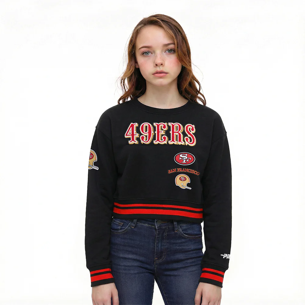 NFL SAN FRANCISCO 49ERS RETRO CLASSICS LITTLE GIRL'S RIB FLEECE CREWNECK (BLACK/RED/BLACK)