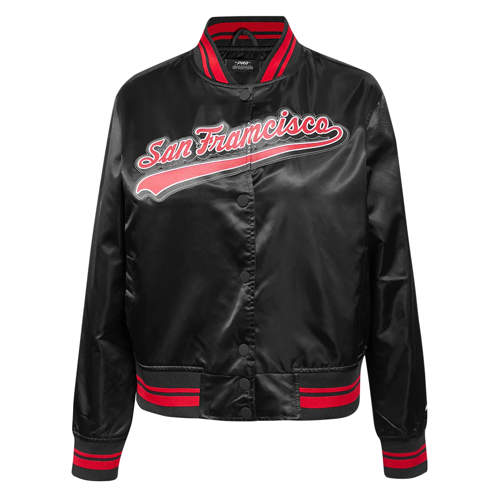 NFL SAN FRANCISCO 49ERS SCRIPT TAIL WOMEN'S SATIN JACKET (BLACK/RED/BLACK)