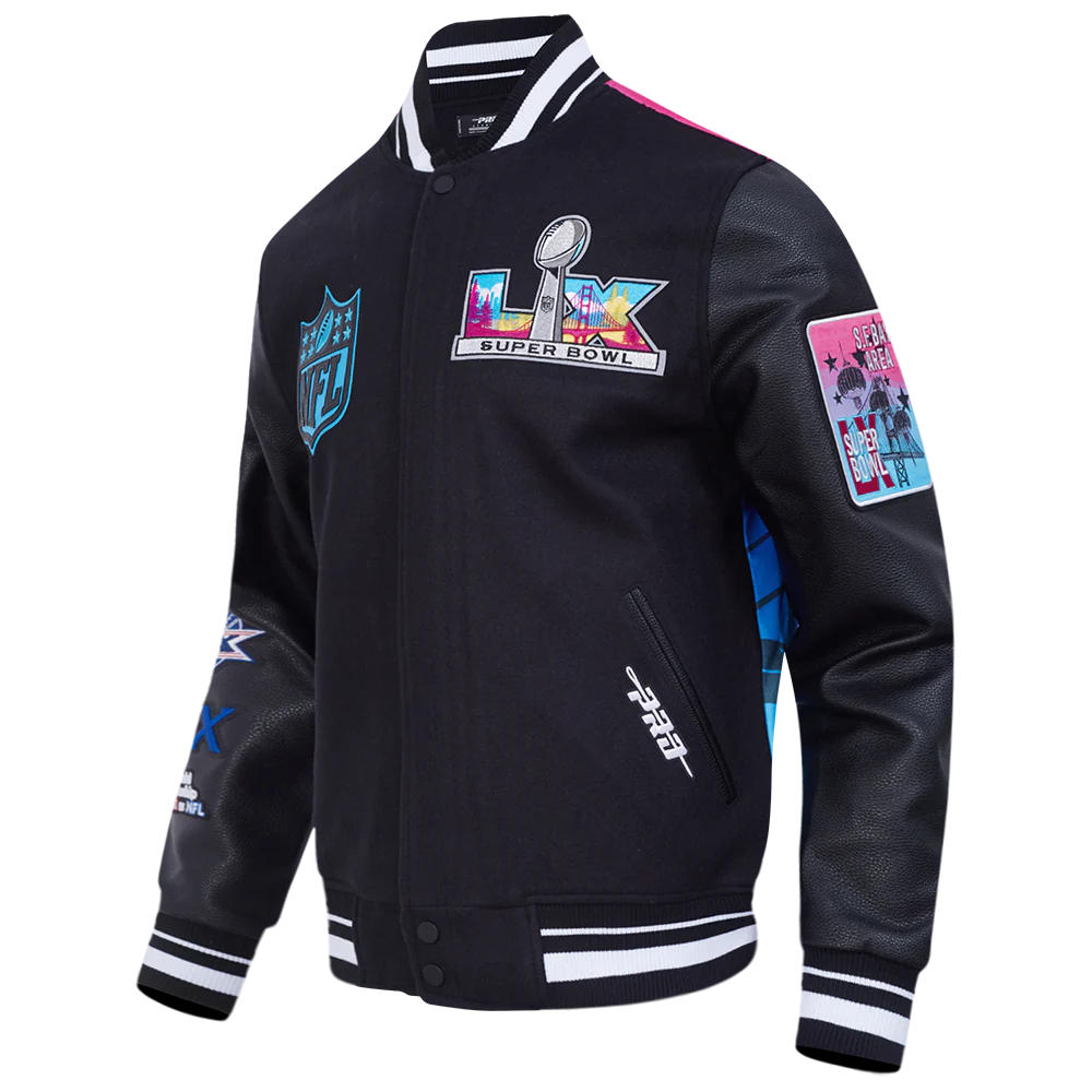 NFL SUPER BOWL 60 MEN'S SUBLIMATED RIB WOOL VARSITY JACKET (BLACK) - Image 3