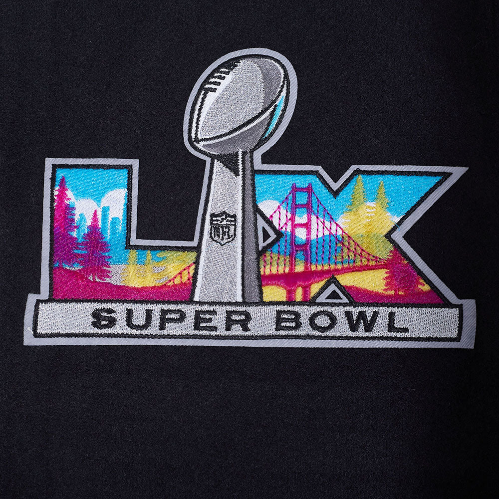 NFL SUPER BOWL 60 MEN'S SUBLIMATED RIB WOOL VARSITY JACKET (BLACK) - Image 9