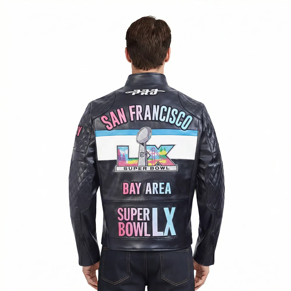 NFL SUPER BOWL 60 MEN'S MOTO JACKET (BLACK/WHITE) - Image 2