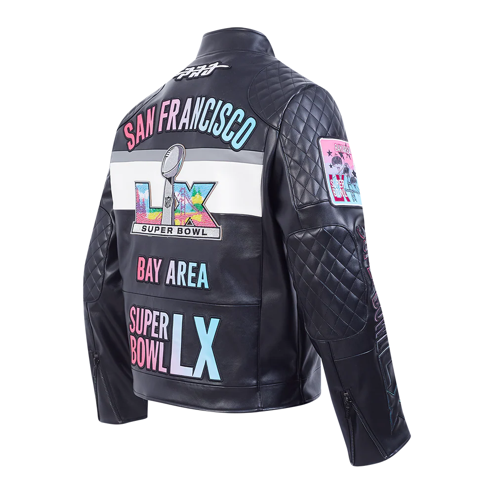NFL SUPER BOWL 60 MEN'S MOTO JACKET (BLACK/WHITE) - Image 4