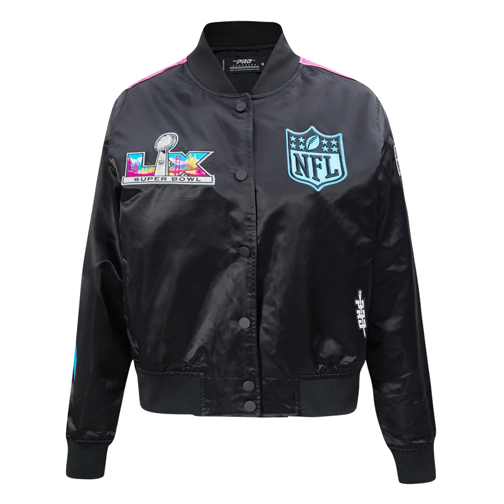 NFL SUPER BOWL 60 WOMEN'S SUBLIMATED SATIN JACKET (BLACK/MULTI) - Image 3