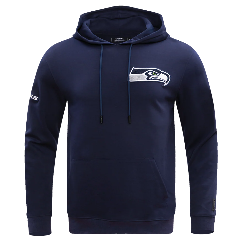 NFL SEATTLE SEAHAWKS CLASSIC CHENILLE MEN'S DOUBLE KNIT PULLOVER HOODIE (MIDNIGHT NAVY)