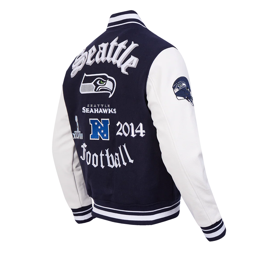 NFL SEATTLE SEAHAWKS OLD ENGLISH MEN'S RIB WOOL VARSITY JACKET (MIDNIGHT NAVY/WHITE) - Image 4