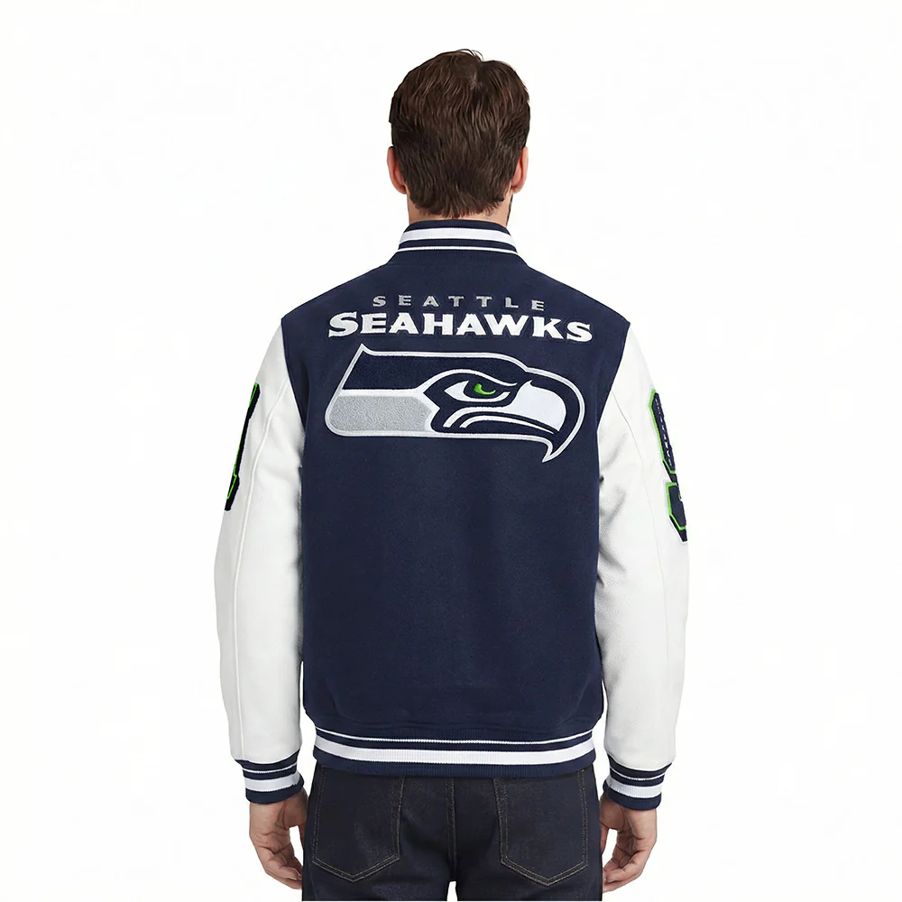 NFL SEATTLE SEAHAWKS MASHUP MEN'S RIB WOOL VARSITY JACKET (MIDNIGHT NAVY/WHITE) - Image 2