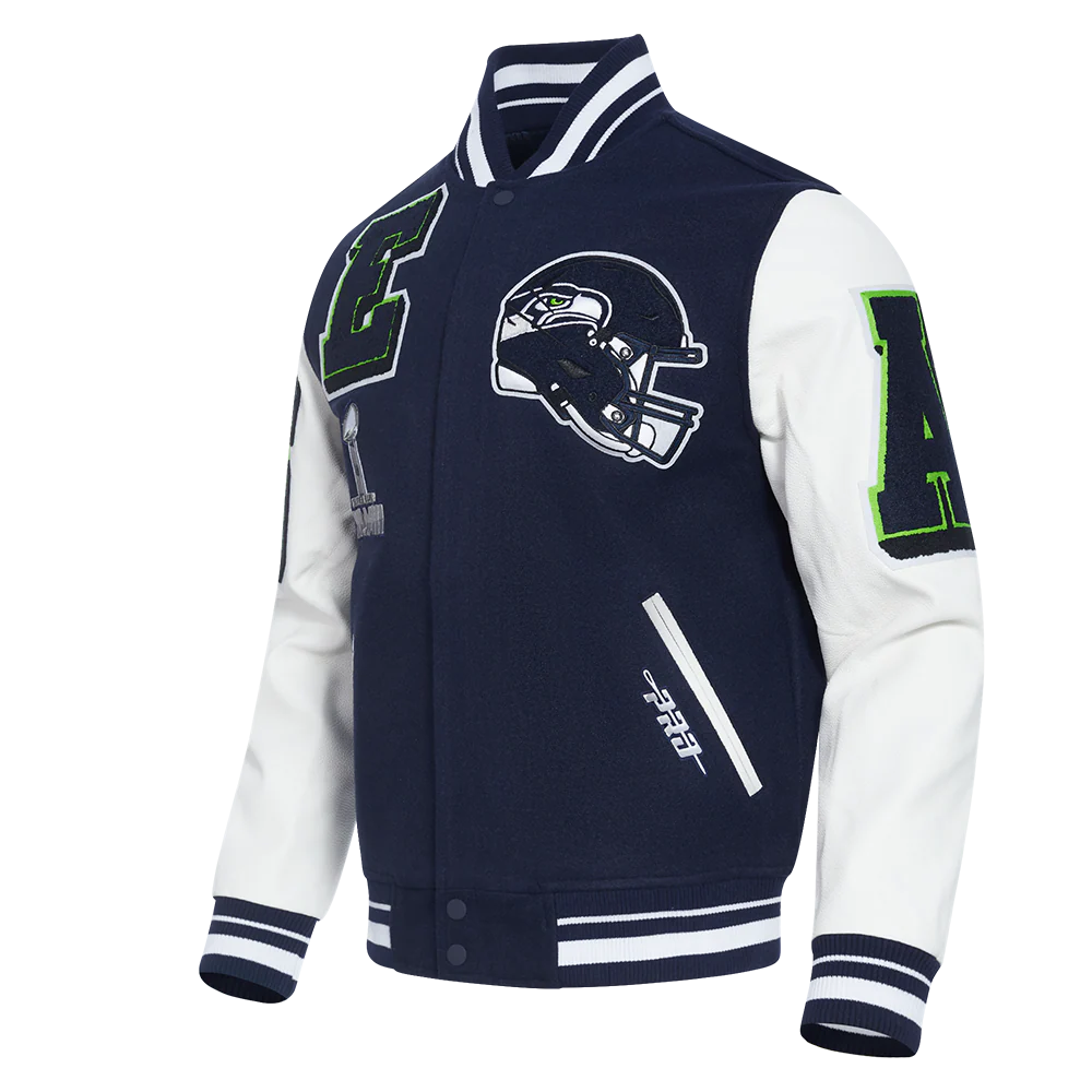 NFL SEATTLE SEAHAWKS MASHUP MEN'S RIB WOOL VARSITY JACKET (MIDNIGHT NAVY/WHITE) - Image 6