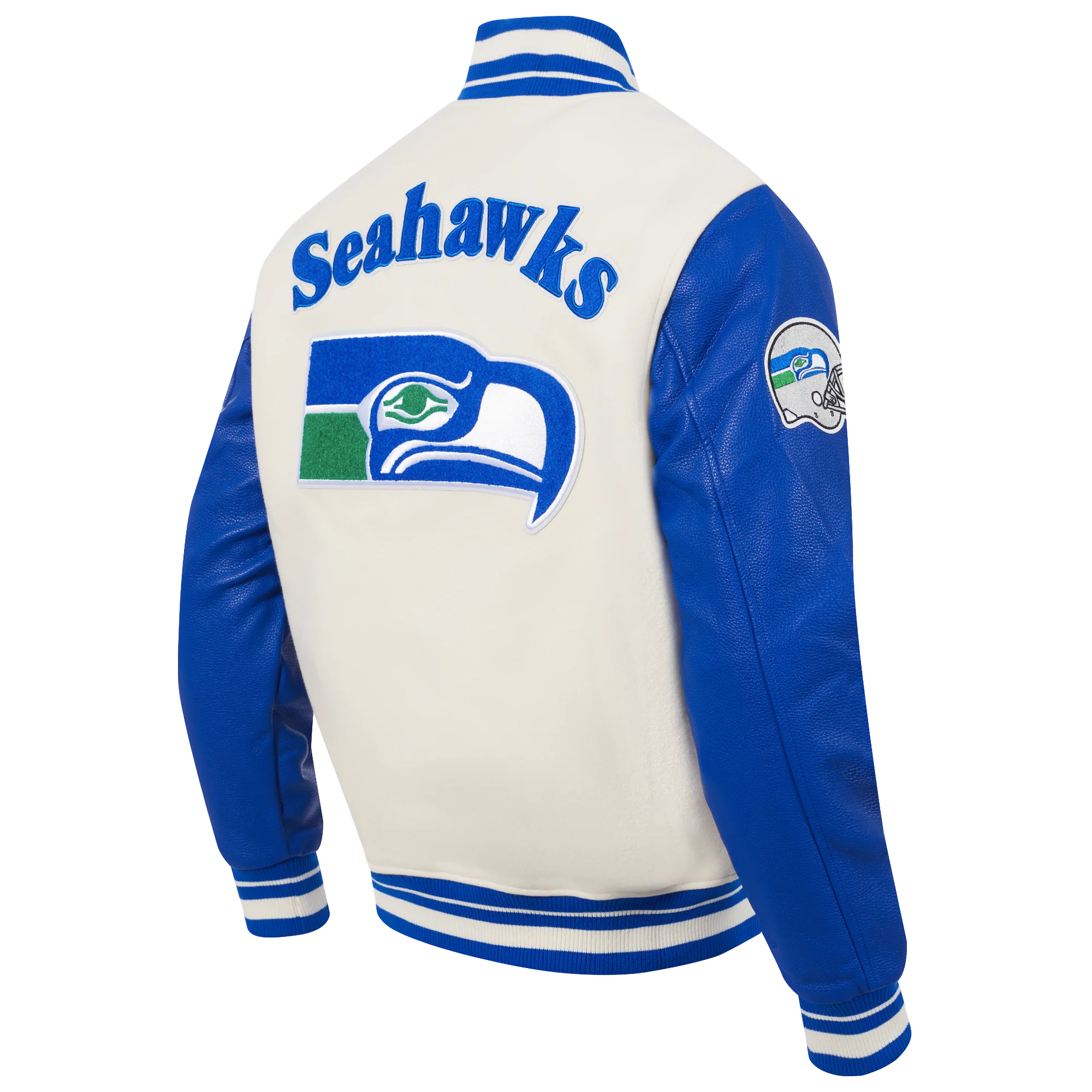 NFL SEATTLE SEAHAWKS RETRO CLASSIC MEN'S RIB WOOL VARSITY JACKET (EGGSHELL/ ROYAL BLUE) - Image 4