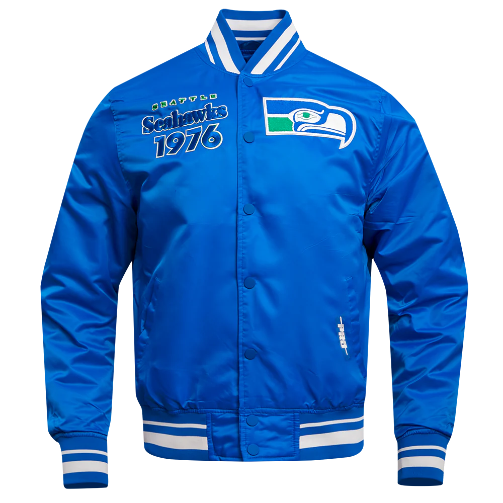 NFL SEATTLE SEAHAWKS RETRO CLASSIC MEN'S RIB SATIN JACKET (ROYAL BLUE)