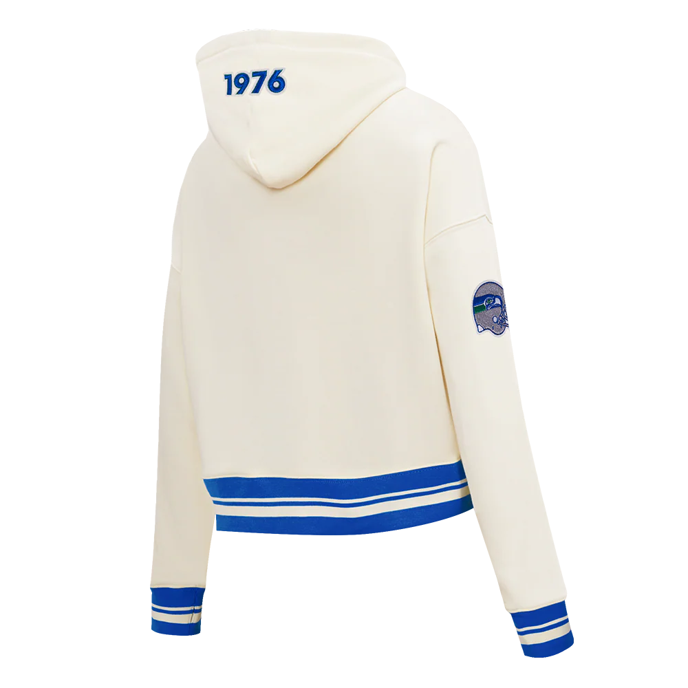 NFL SEATTLE SEAHAWKS RETRO CLASSIC WOMEN'S CROPPED PO HOODIE (EGGSHELL/ ROYAL BLUE) - Image 4