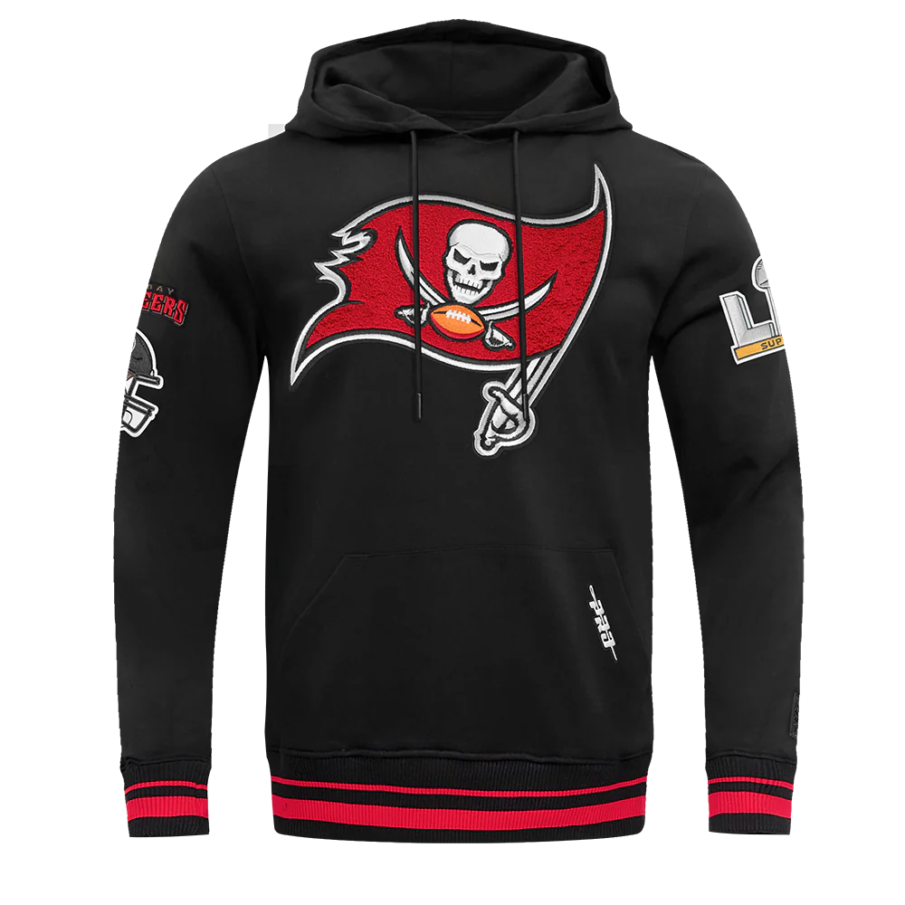 NFL TAMPA BAY BUCCANEERS MASHUP MEN'S RIB PULLOVER HOODIE (BLACK/RED/BLACK)