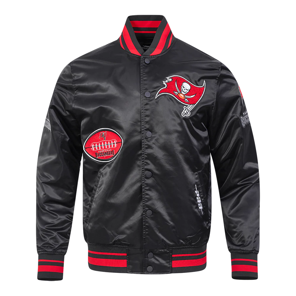 NFL TAMPA BAY BUCCANEERS OLD ENGLISH MEN'S RIB SATIN JACKET (BLACK/RED/BLACK)