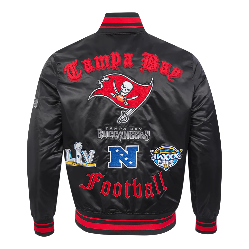 NFL TAMPA BAY BUCCANEERS OLD ENGLISH MEN'S RIB SATIN JACKET (BLACK/RED/BLACK) - Image 3
