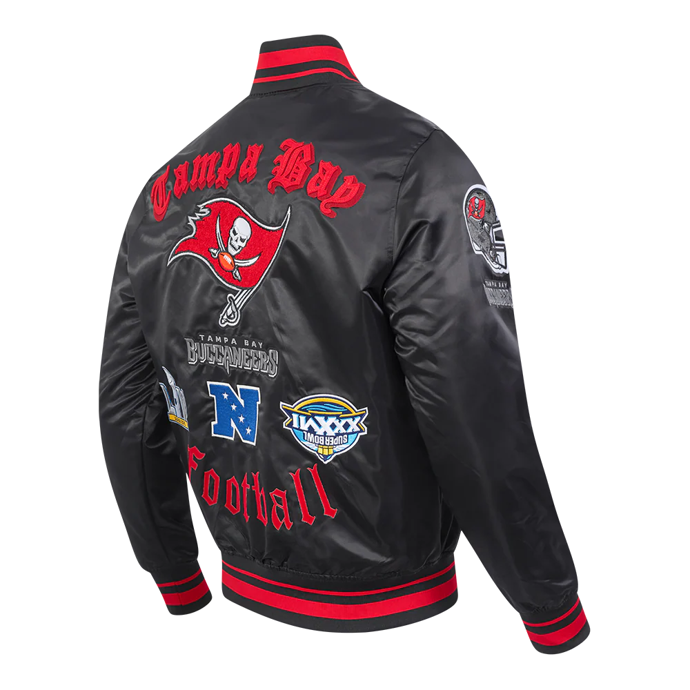 NFL TAMPA BAY BUCCANEERS OLD ENGLISH MEN'S RIB SATIN JACKET (BLACK/RED/BLACK) - Image 4