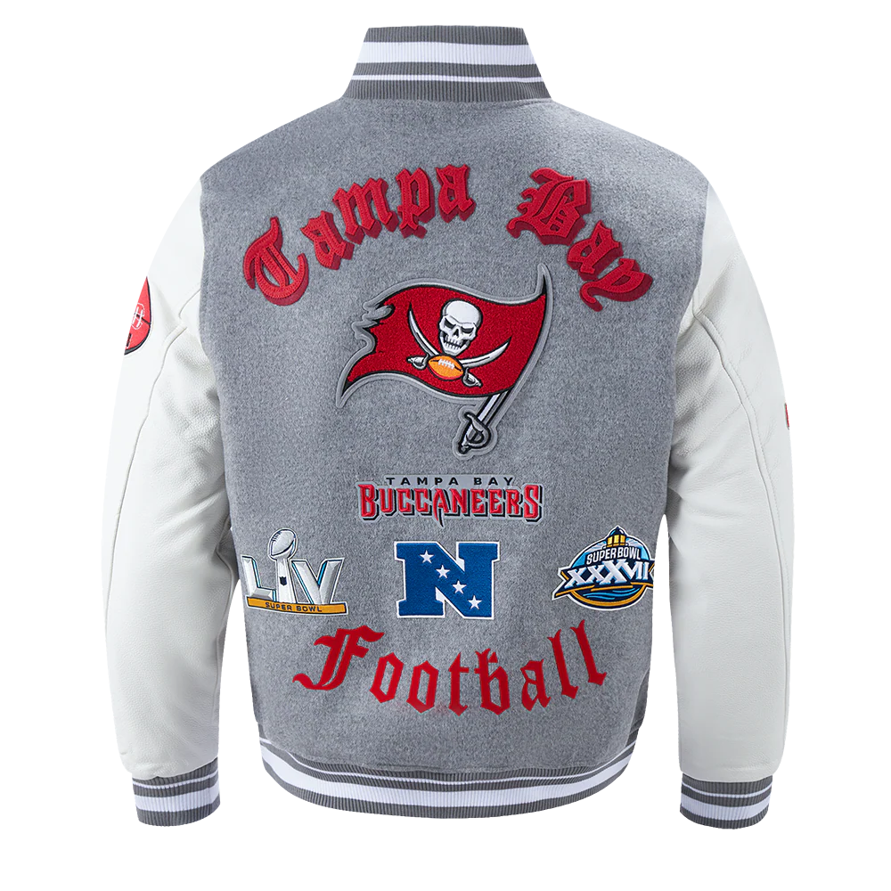 NFL TAMPA BAY BUCCANEERS OLD ENGLISH MEN'S RIB WOOL VARSITY JACKET (HEATHER GREY/WHITE) - Image 3