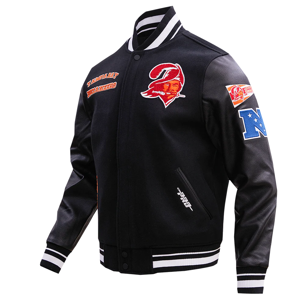 NFL TAMPA BAY BUCCANEERS RETRO CLASSIC MEN'S RIB WOOL VARSITY JACKET (BLACK) - Image 2