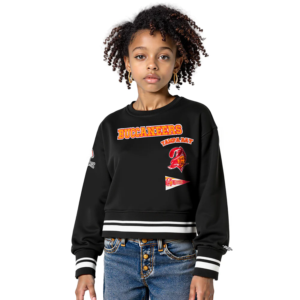 NFL TAMPA BAY BUCCANEERS RETRO CLASSIC BIG GIRLS RIB FLEECE CREWNECK (BLACK)