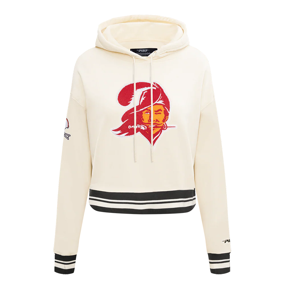 NFL TAMPA BAY BUCCANEERS RETRO CLASSIC WOMEN'S CROPPED PO HOODIE (EGGSHELL/BLACK)