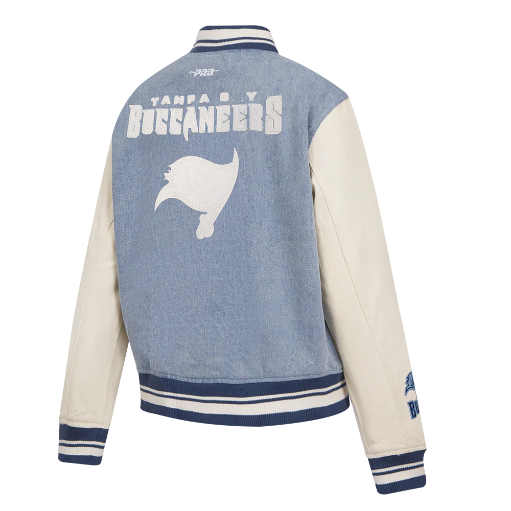 NFL TAMPA BAY BUCCANEERS VARSITY BLUES WOMEN'S DENIM VARSITY JACKET (DENIM/LINEN) - Image 4