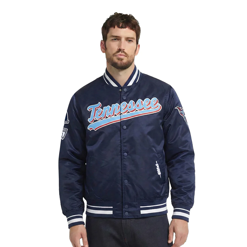 NFL TENNESSEE TITANS SCRIPT TAIL MEN'S SATIN JACKET (MIDNIGHT NAVY)