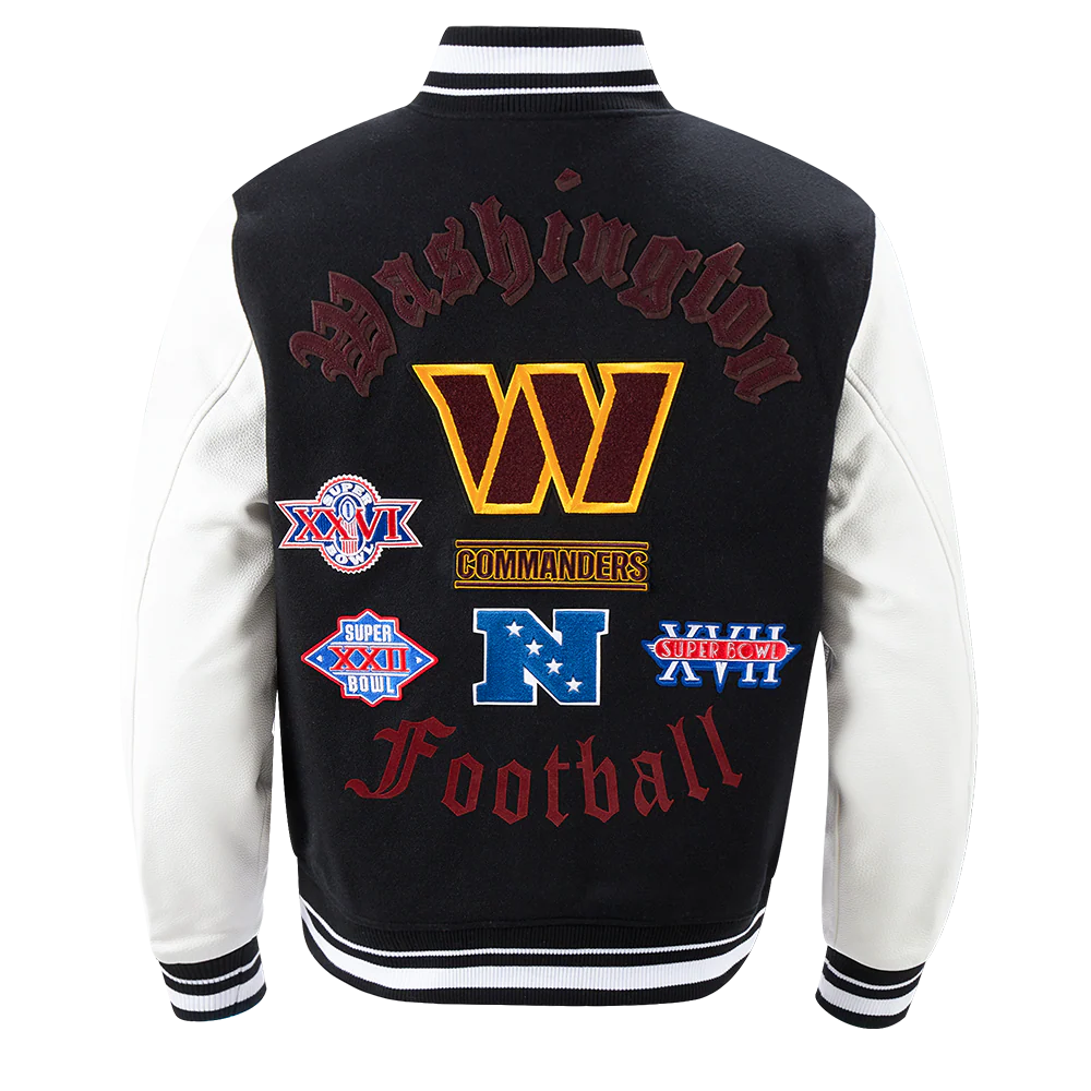 NFL WASHINGTON COMMANDERS OLD ENGLISH MEN'S RIB WOOL VARSITY JACKET (BLACK/WHITE) - Image 3