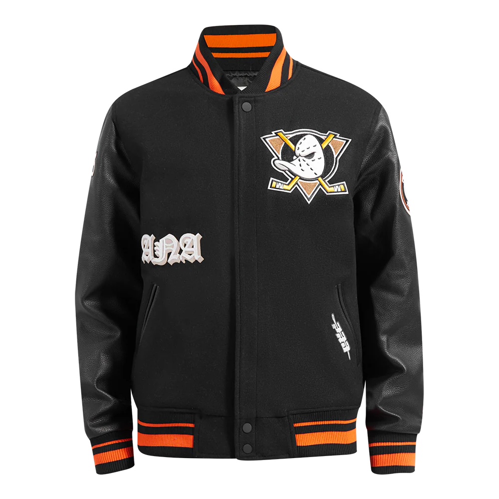 NHL ANAHEIM DUCKS OLD ENGLISH MEN'S RIB WOOL VARSITY JACKET (BLACK/ORANGE)