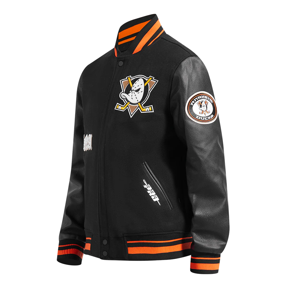NHL ANAHEIM DUCKS OLD ENGLISH MEN'S RIB WOOL VARSITY JACKET (BLACK/ORANGE) - Image 2
