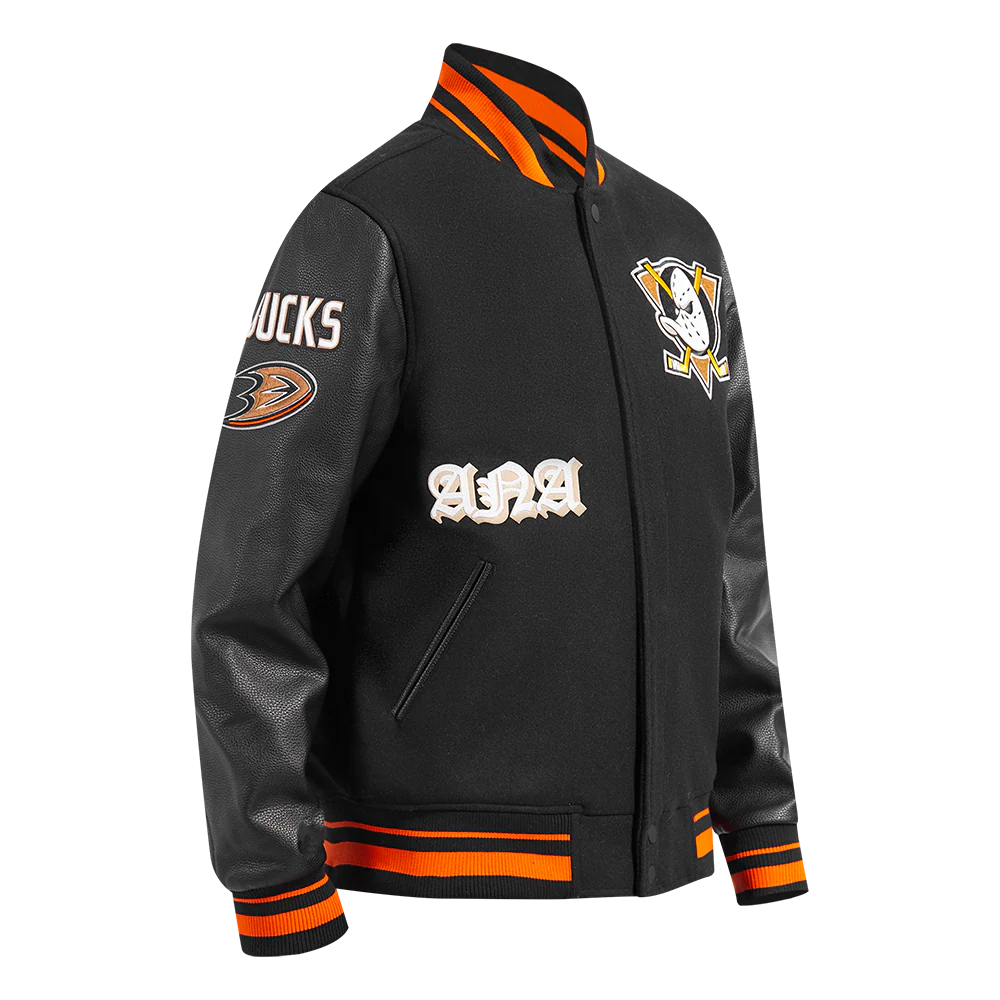 NHL ANAHEIM DUCKS OLD ENGLISH MEN'S RIB WOOL VARSITY JACKET (BLACK/ORANGE) - Image 3