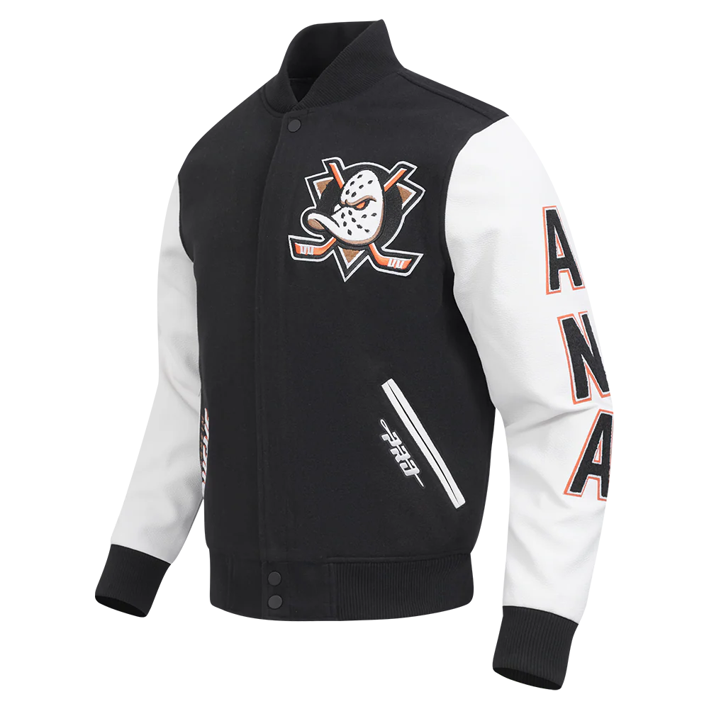 ANAHEIM DUCKS CLASSIC MEN'S WOOL VARSITY JACKET (BLACK/WHITE M60030) - Image 2