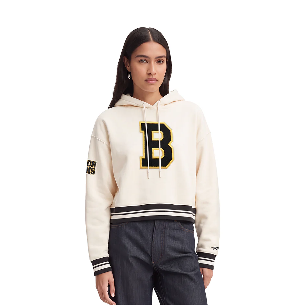 NHL BOSTON BRUINS RETRO CLASSIC WOMEN'S RIB CROPPED PULLOVER HOODIE (EGGSHELL/ BLACK)