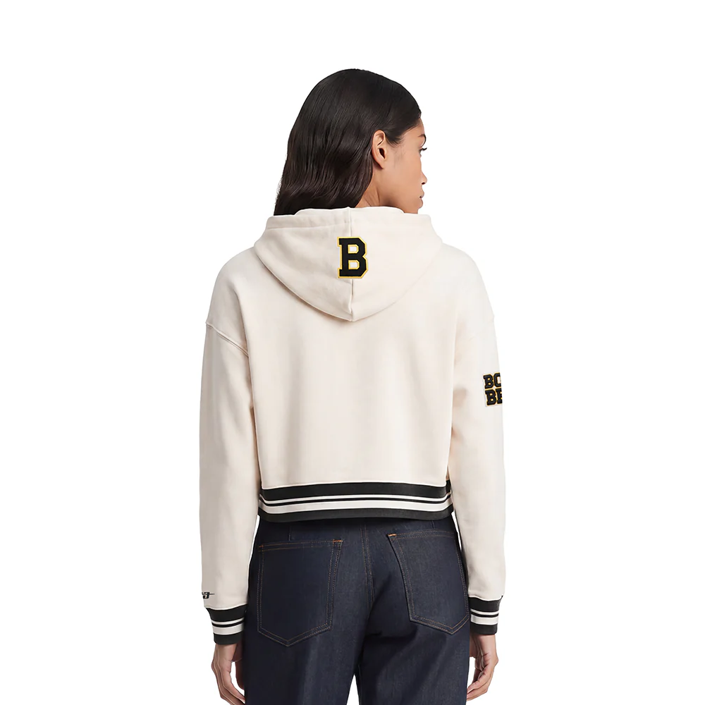NHL BOSTON BRUINS RETRO CLASSIC WOMEN'S RIB CROPPED PULLOVER HOODIE (EGGSHELL/ BLACK) - Image 2