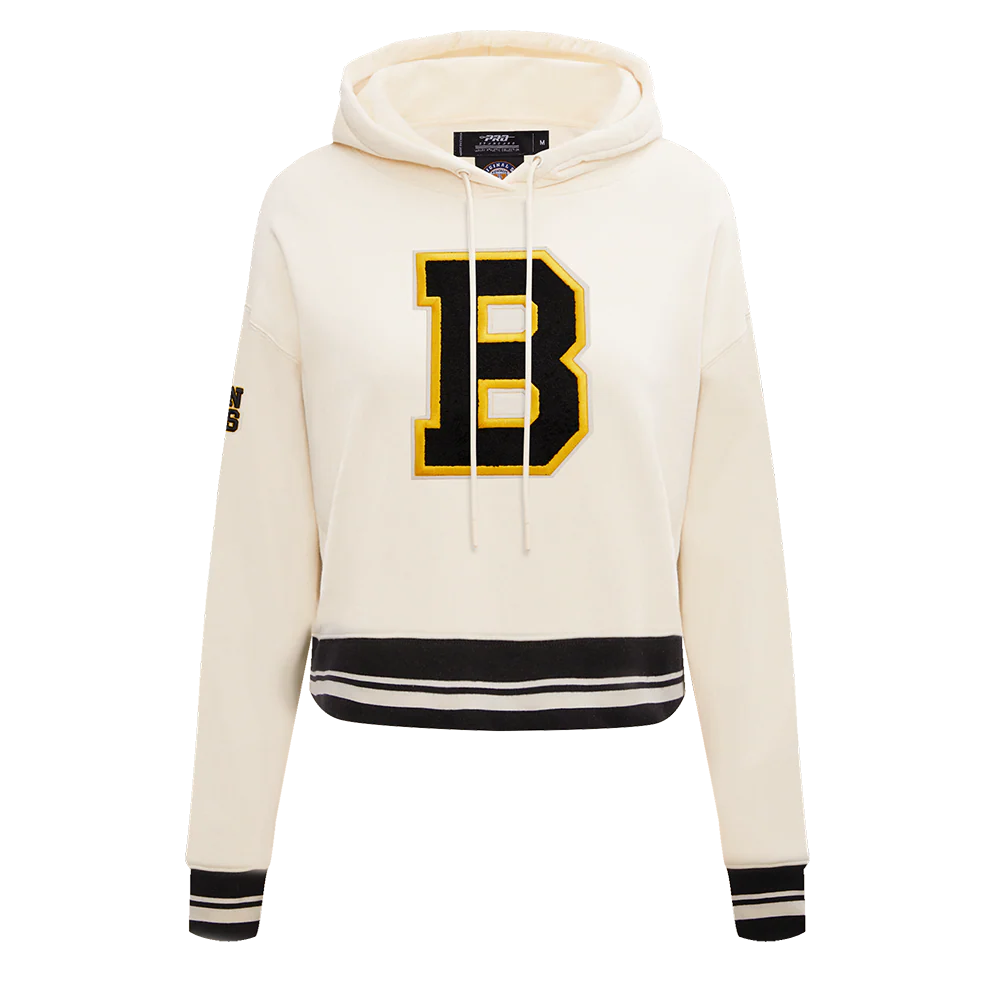 NHL BOSTON BRUINS RETRO CLASSIC WOMEN'S RIB CROPPED PULLOVER HOODIE (EGGSHELL/ BLACK) - Image 3
