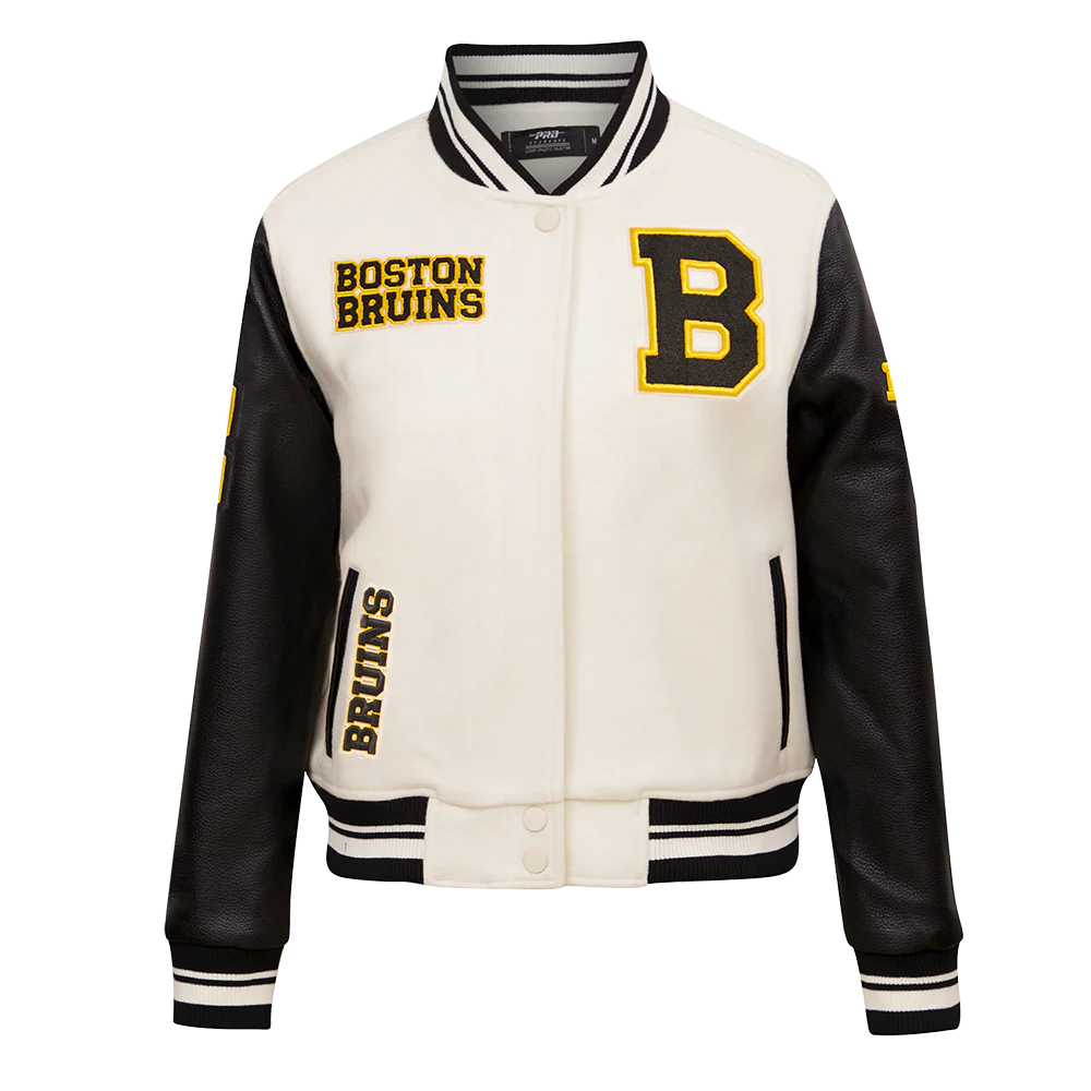 NHL BOSTON BRUINS RETRO CLASSIC WOMEN'S RIB WOOL VARSITY JACKET (EGGSHELL/ BLACK) - Image 5